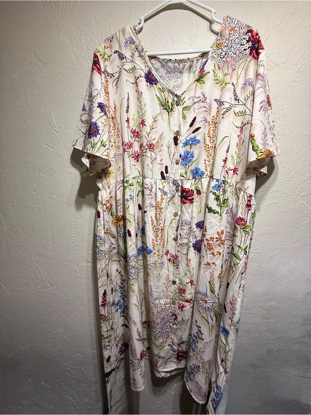 Floral Button-Front V-Neck Dress in Cream with Multicolor Wildflowers